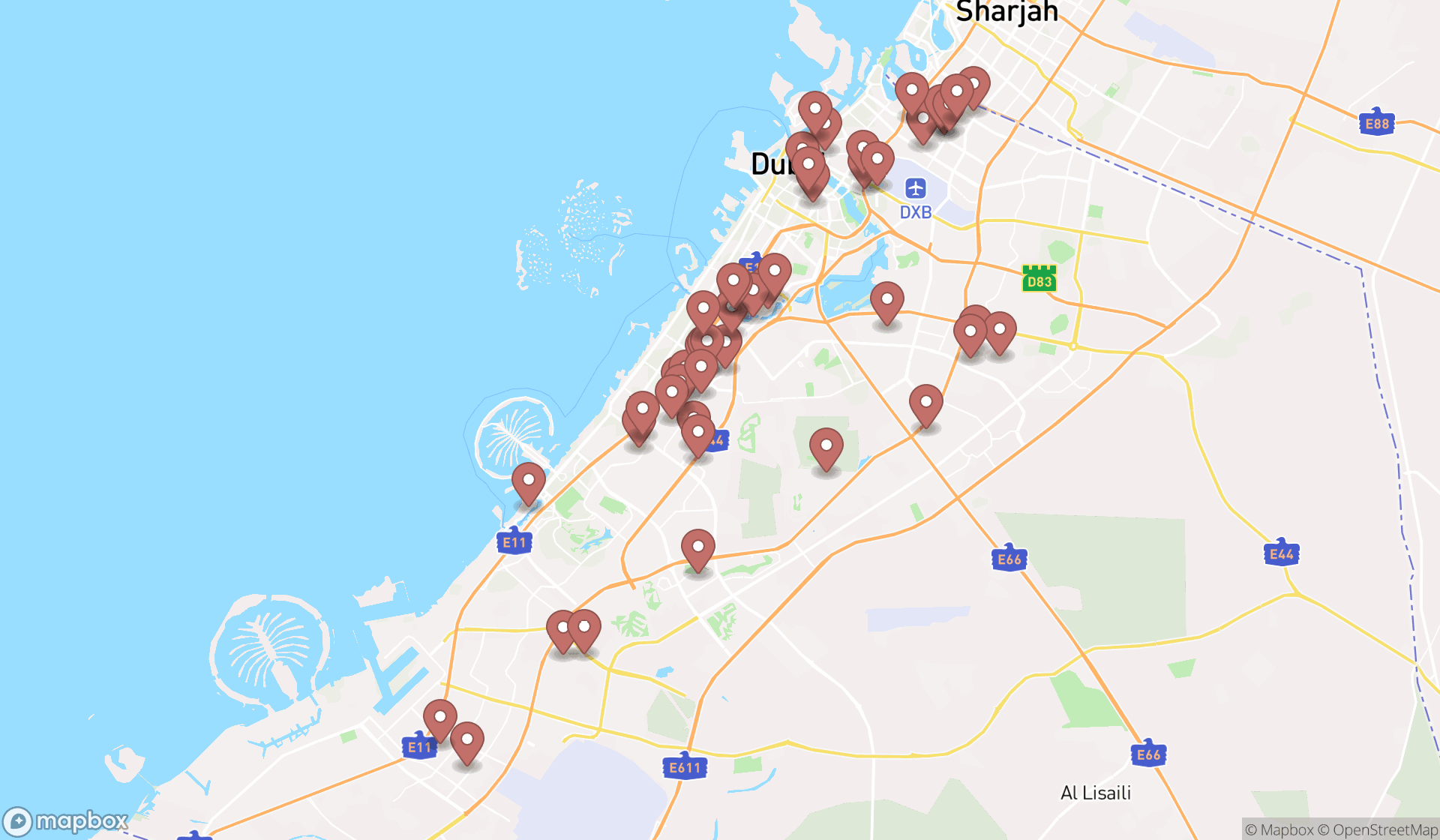 Map showing the search results in Dubai