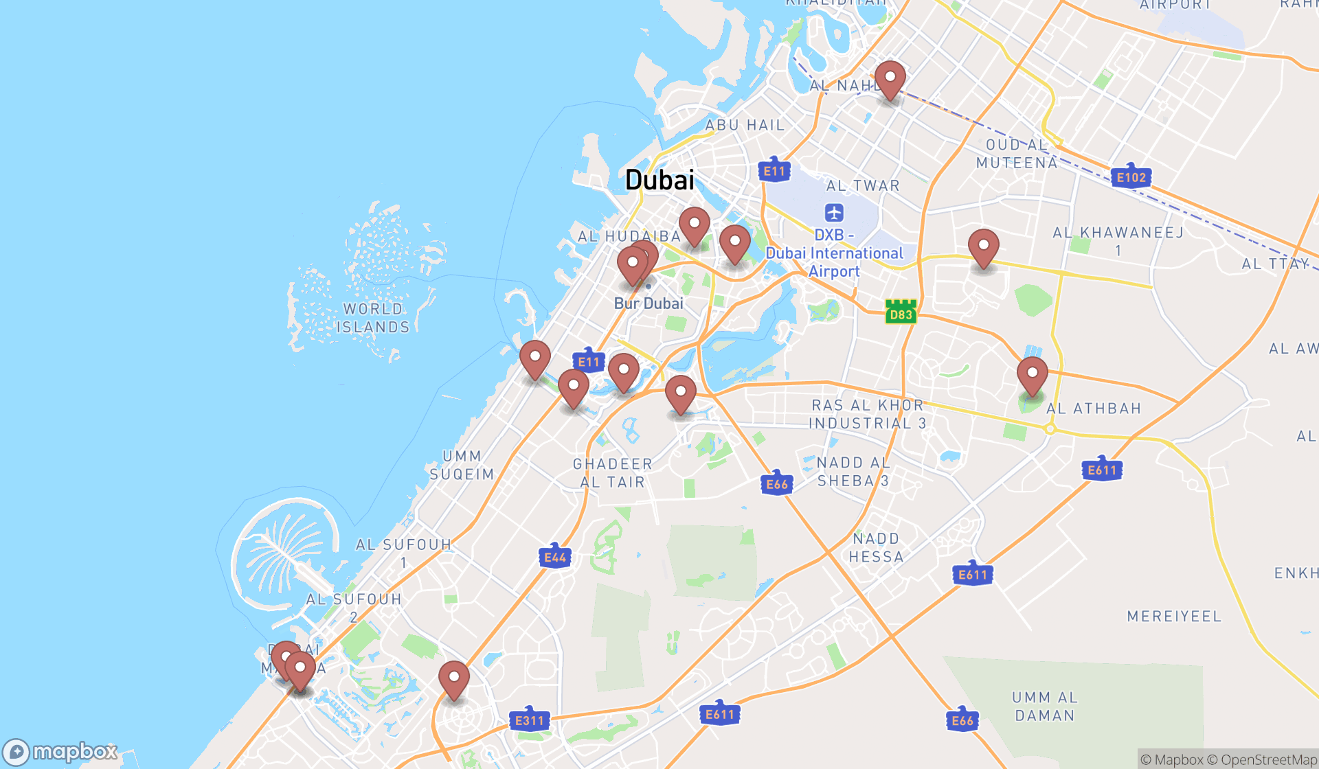 Map showing the search results in Dubai