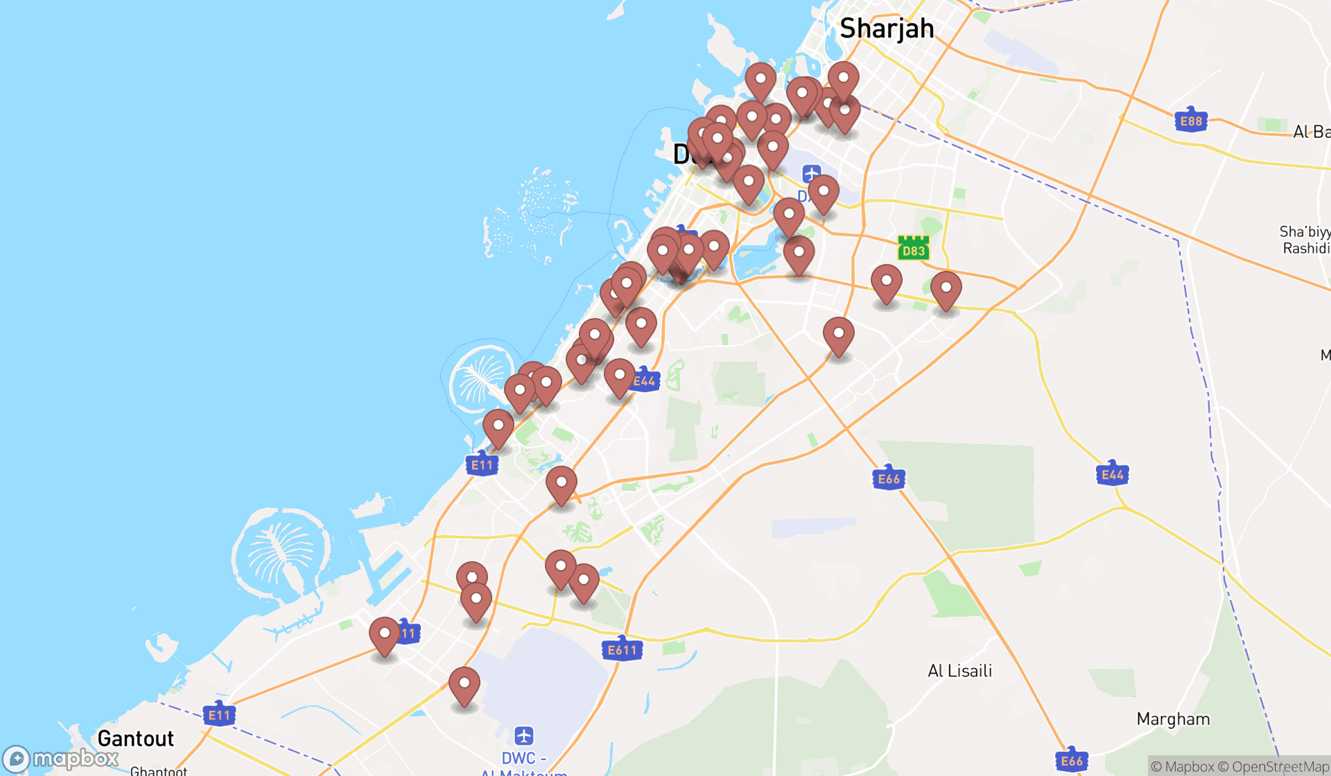 Map showing the search results in Dubai