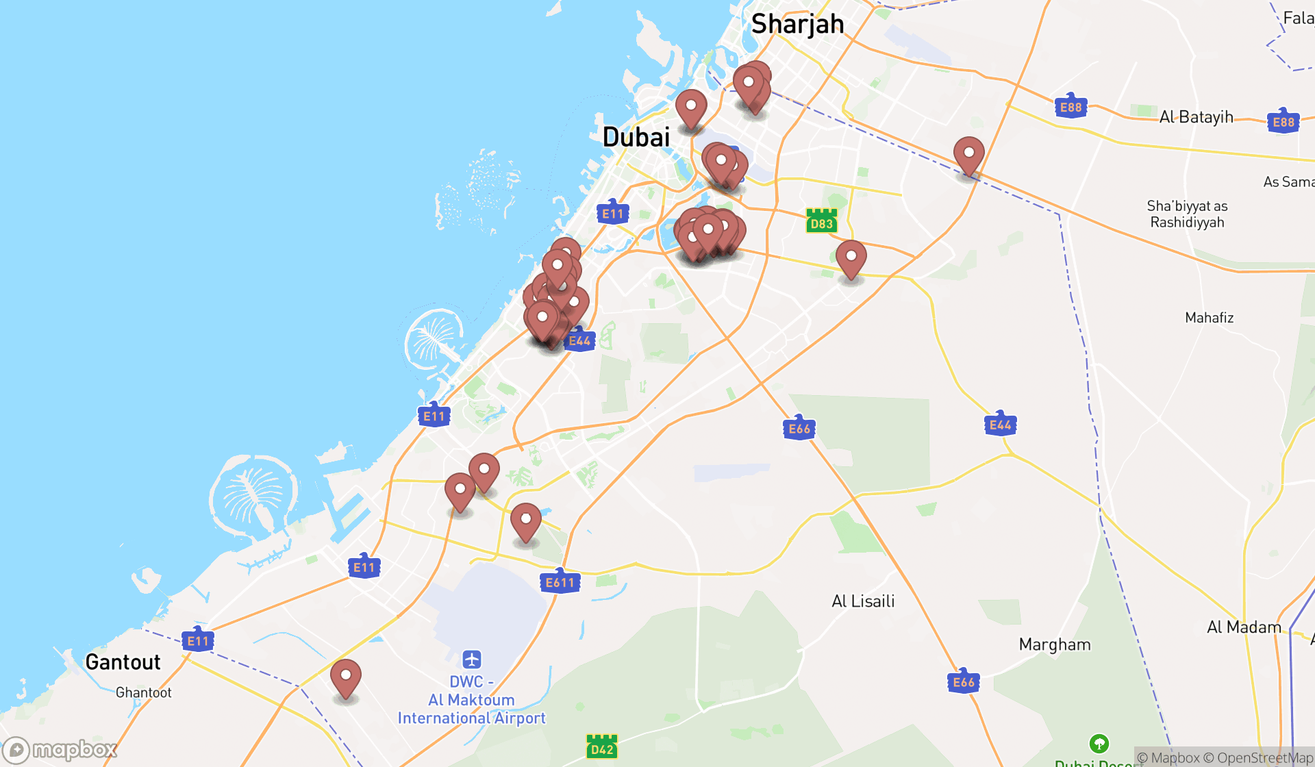 Map showing the search results in Dubai
