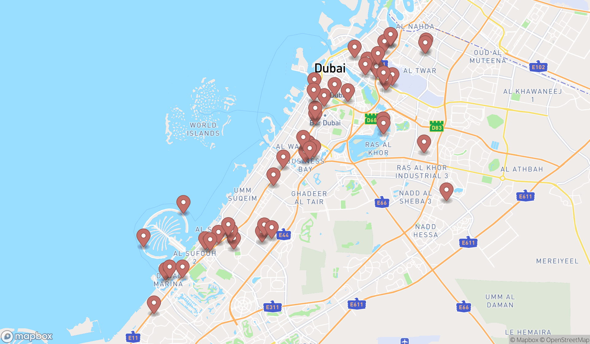 Map showing the search results in Dubai
