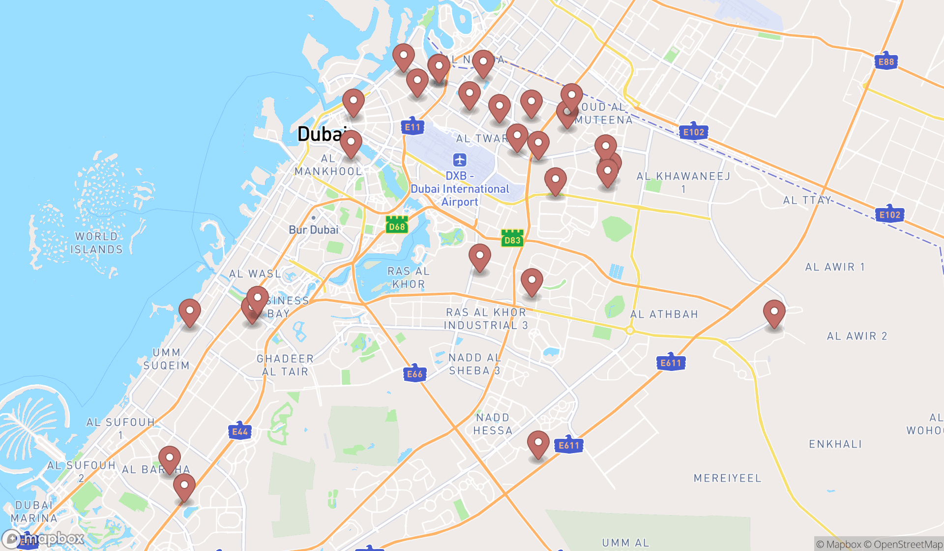 Map showing the search results in Dubai