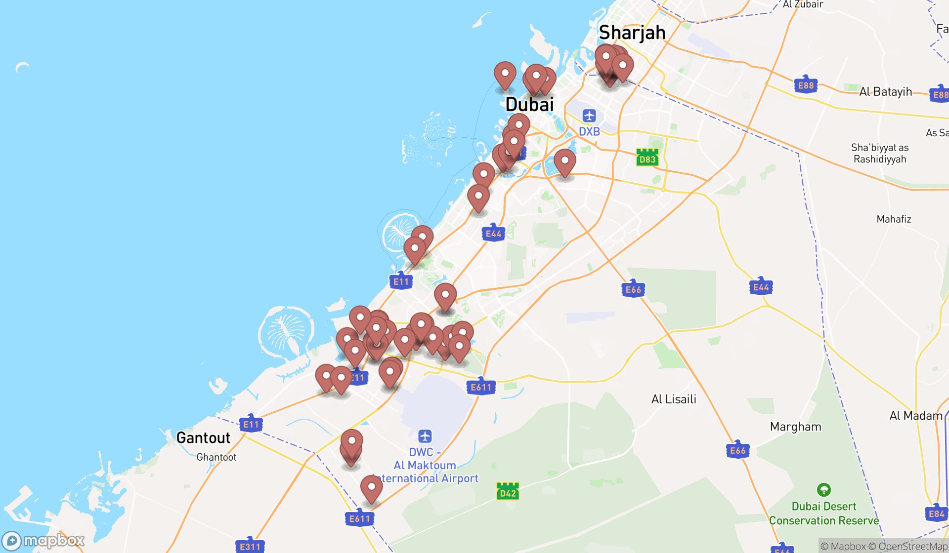 Map showing the search results in Dubai
