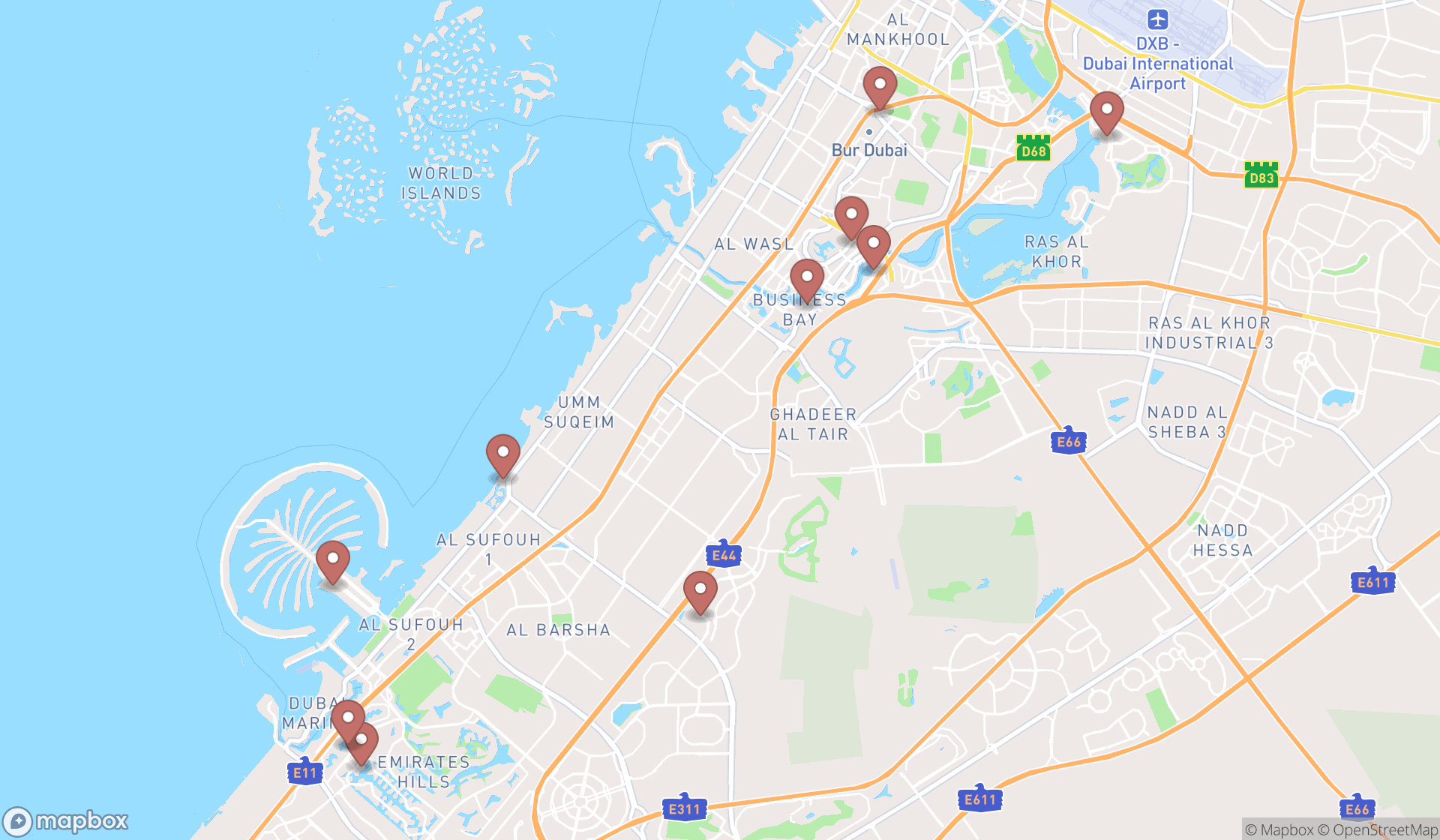 Map showing the search results in Dubai