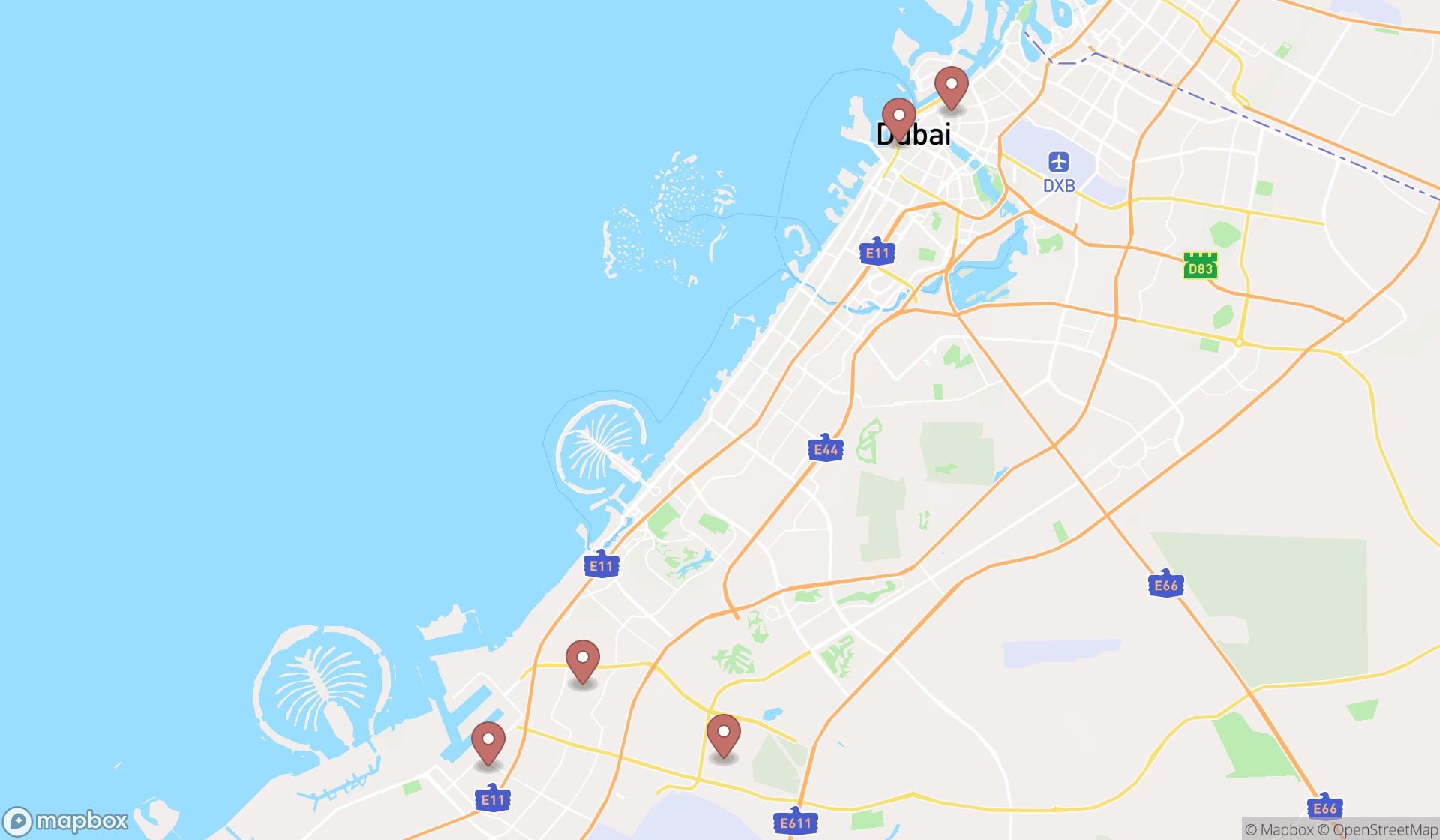 Map showing the search results in Dubai