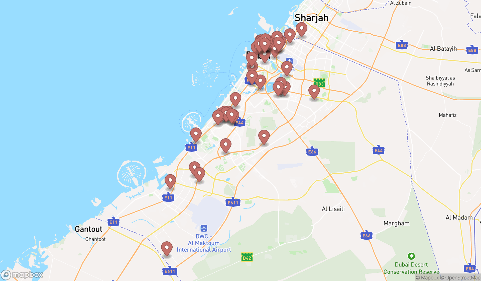 Map showing the search results in Dubai