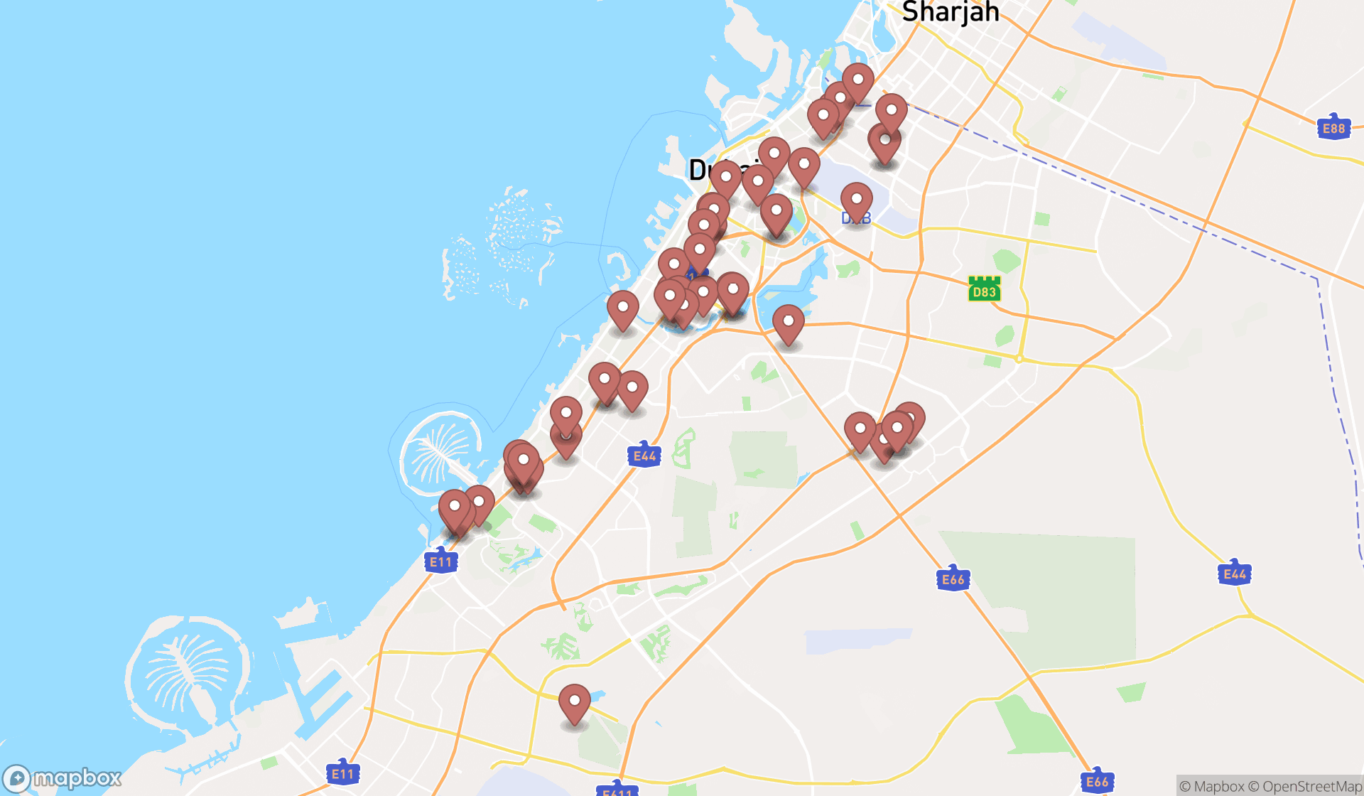 Map showing the search results in Dubai