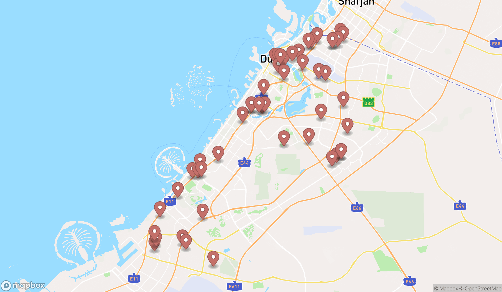 Map showing the search results in Dubai