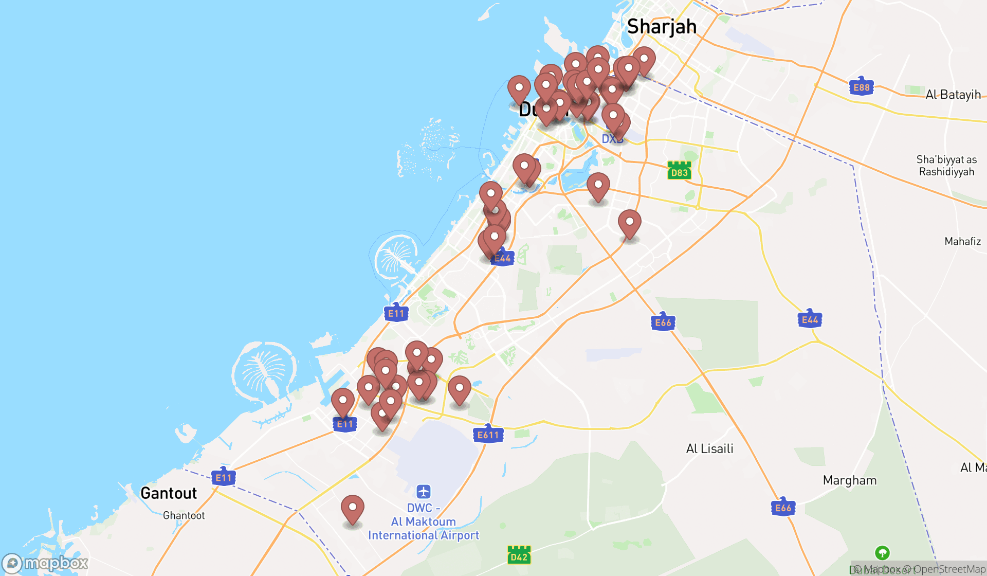 Map showing the search results in Dubai