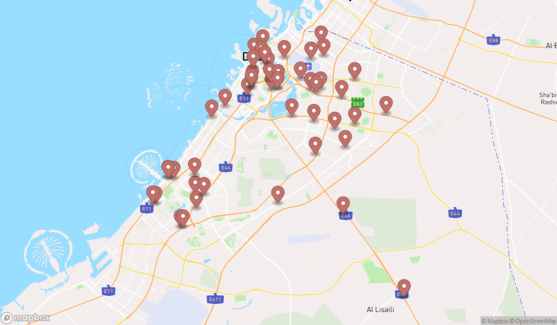 Map showing the search results in Dubai