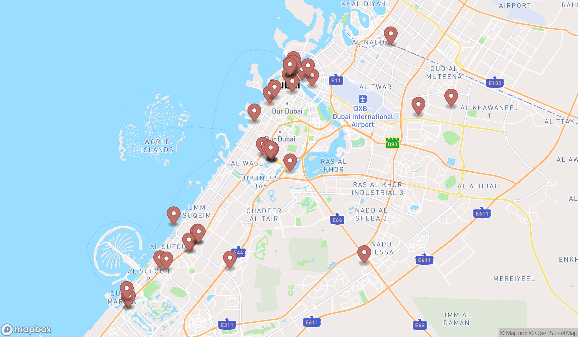 Map showing the search results in Dubai