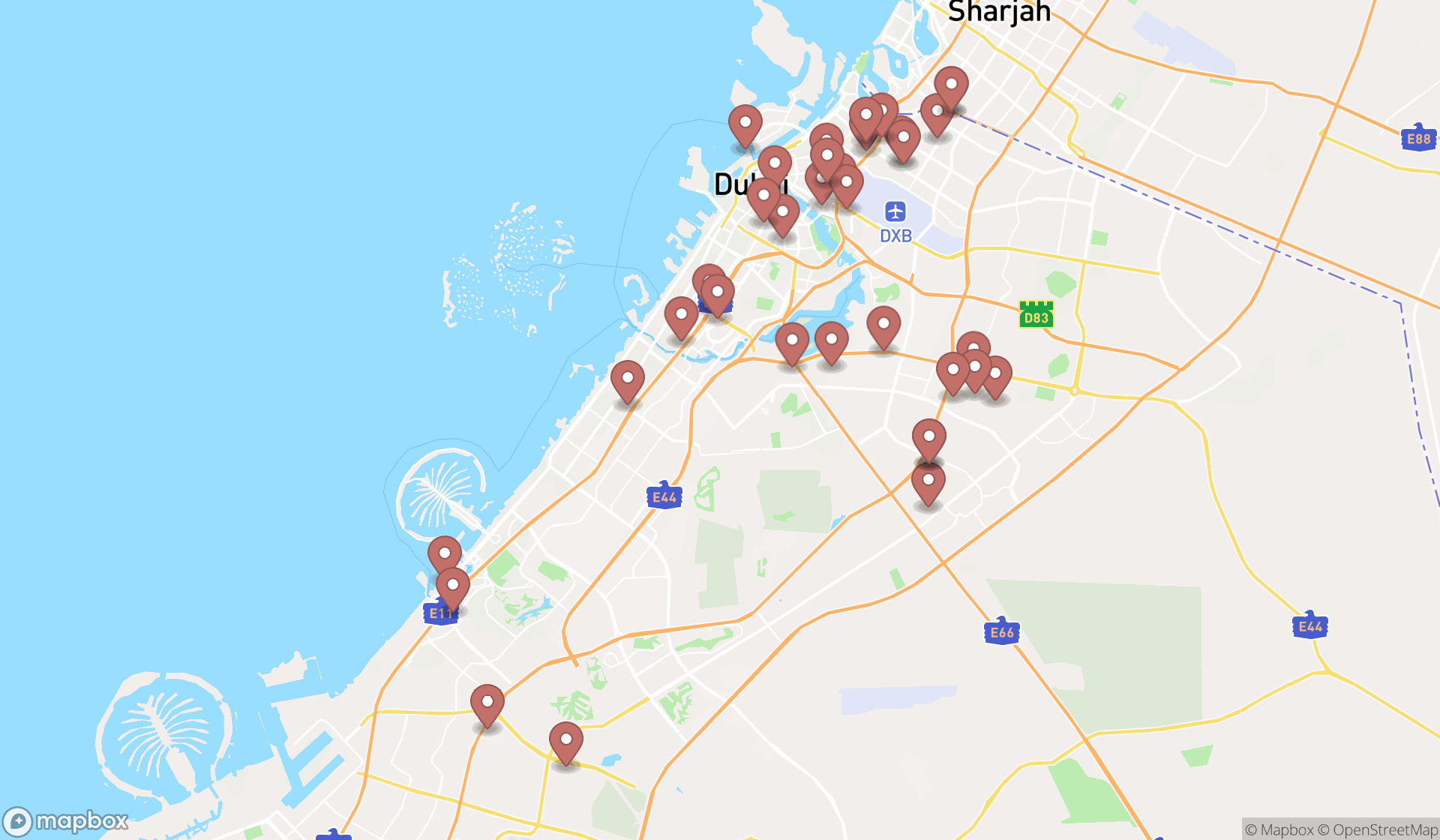 Map showing the search results in Dubai