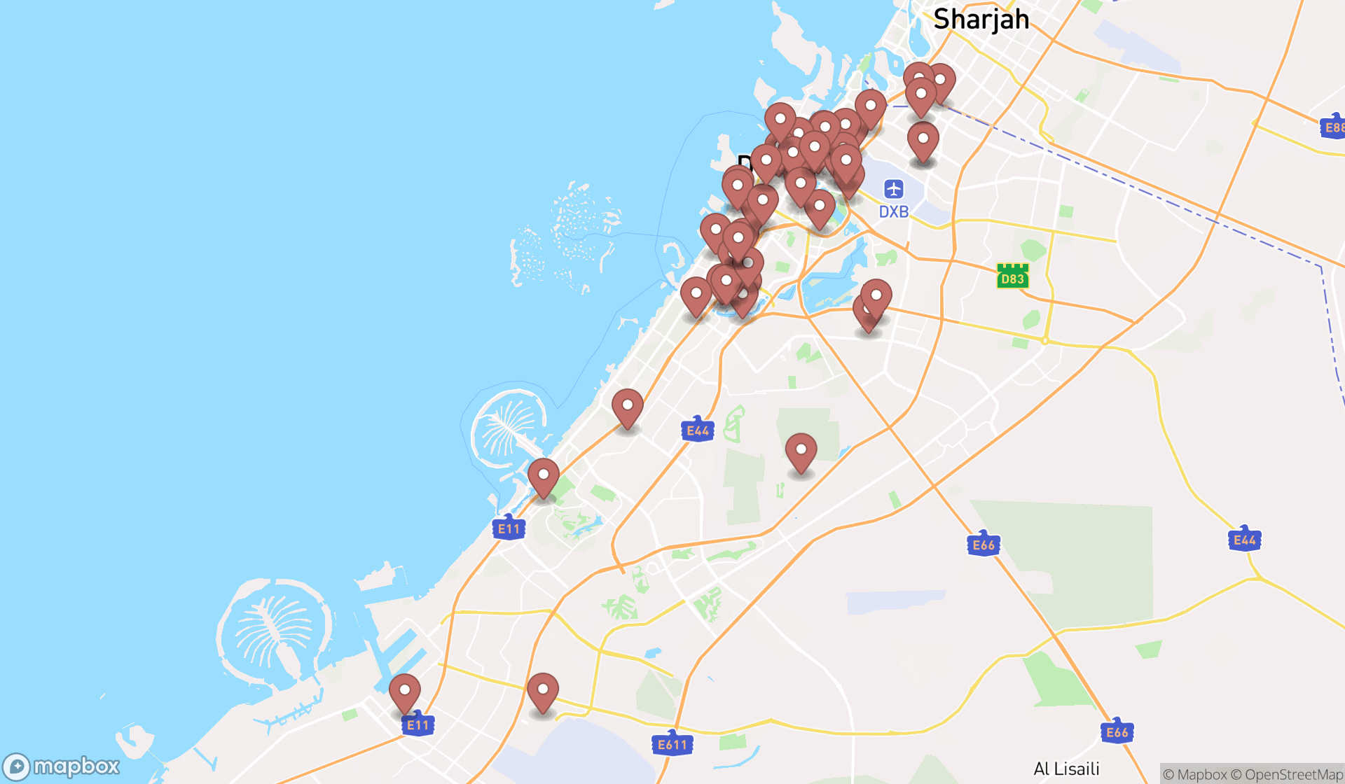 Map showing the search results in Dubai