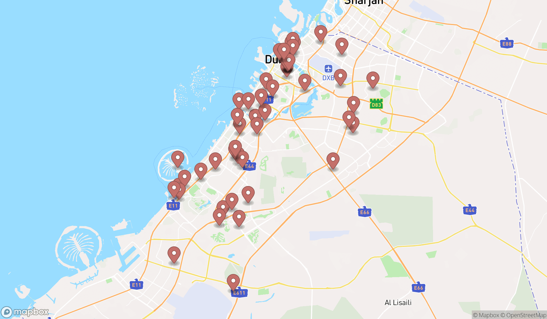 Map showing the search results in Dubai