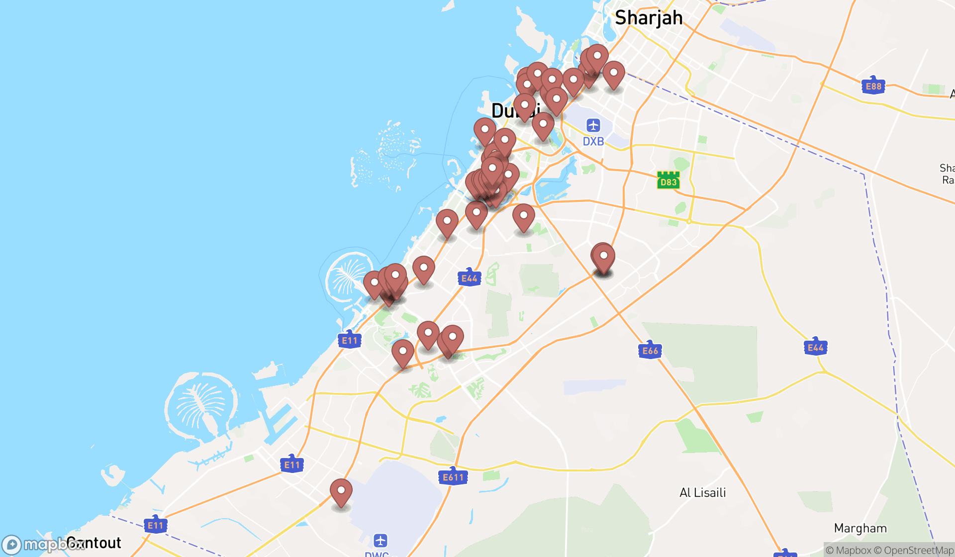 Map showing the search results in Dubai