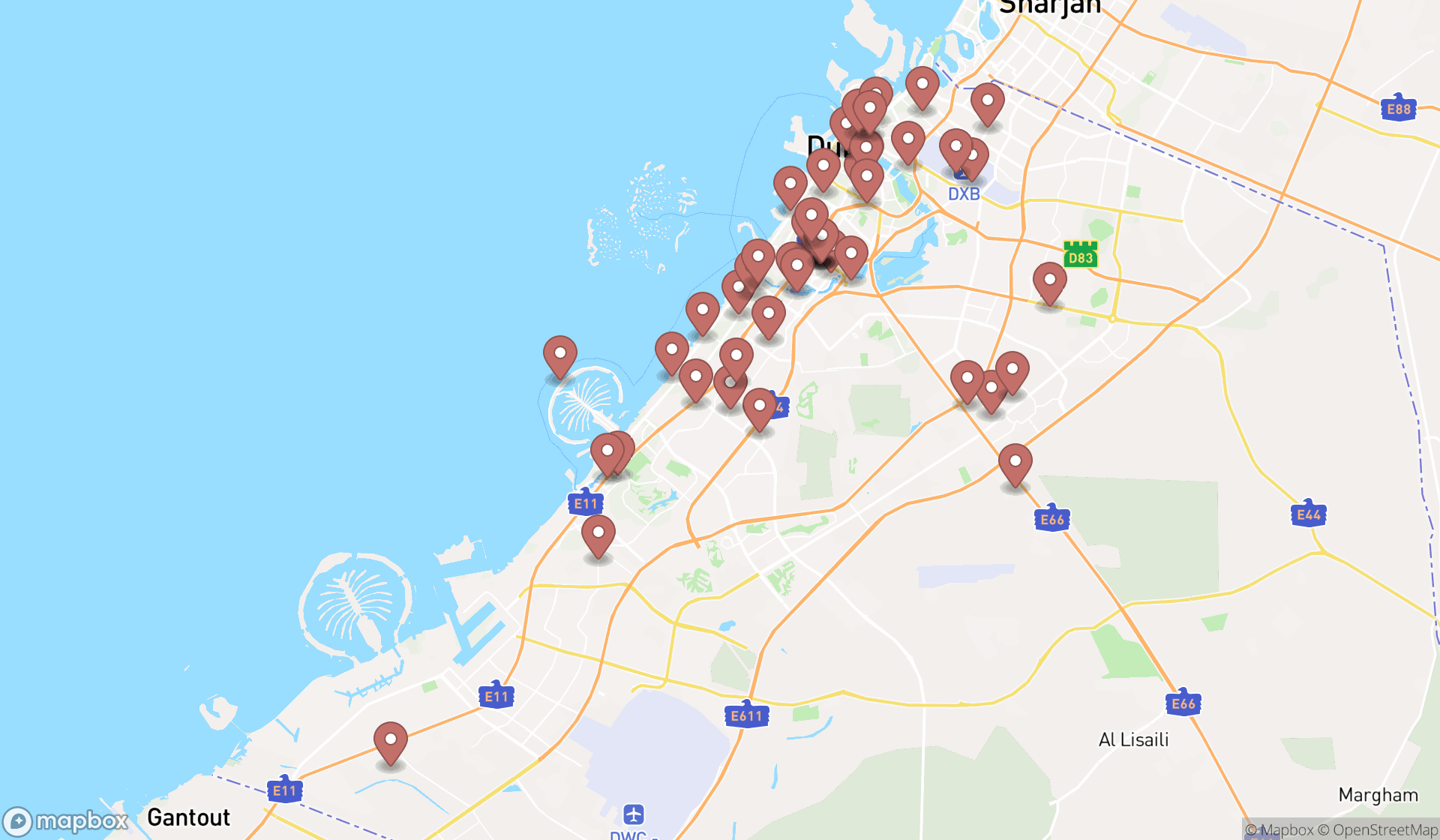 Map showing the search results in Dubai