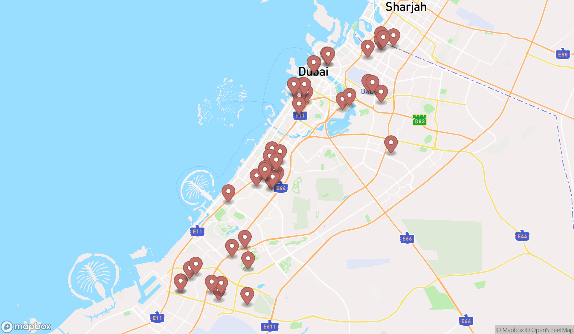 Map showing the search results in Dubai