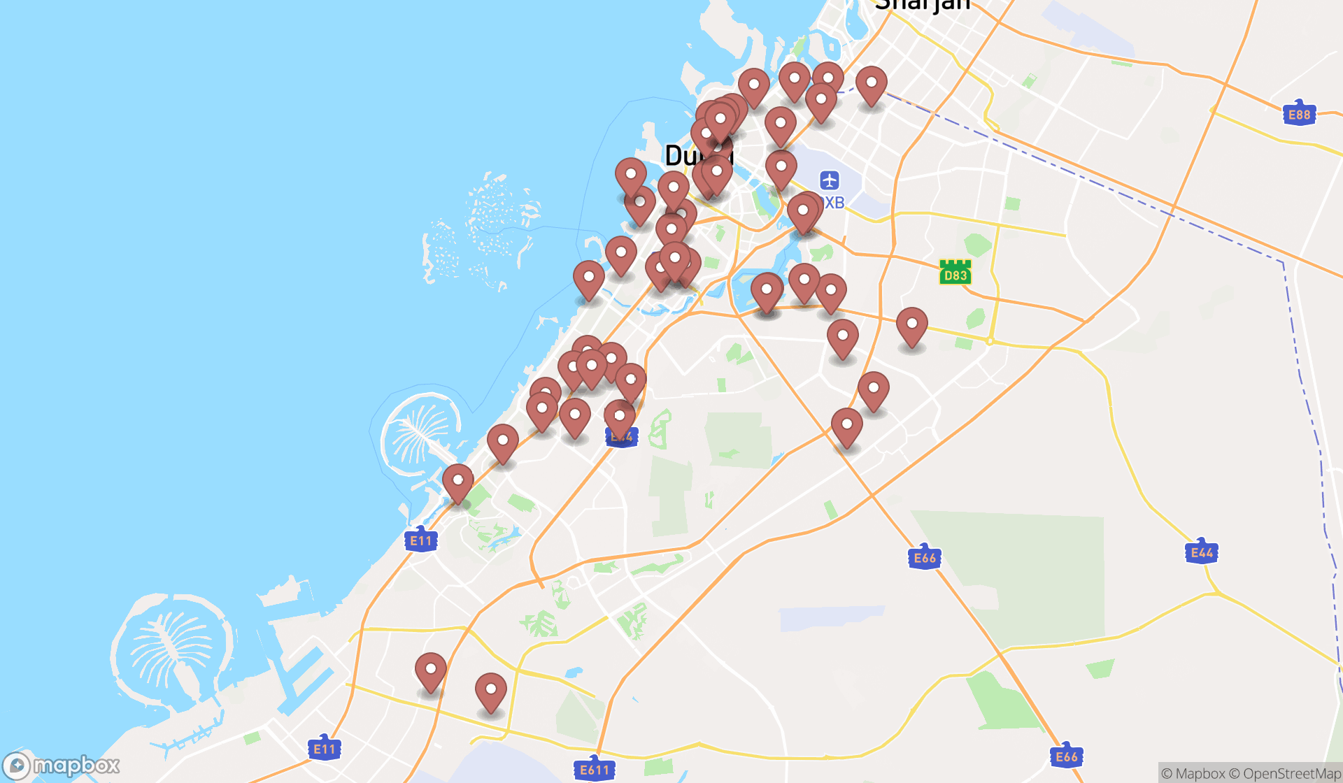 Map showing the search results in Dubai