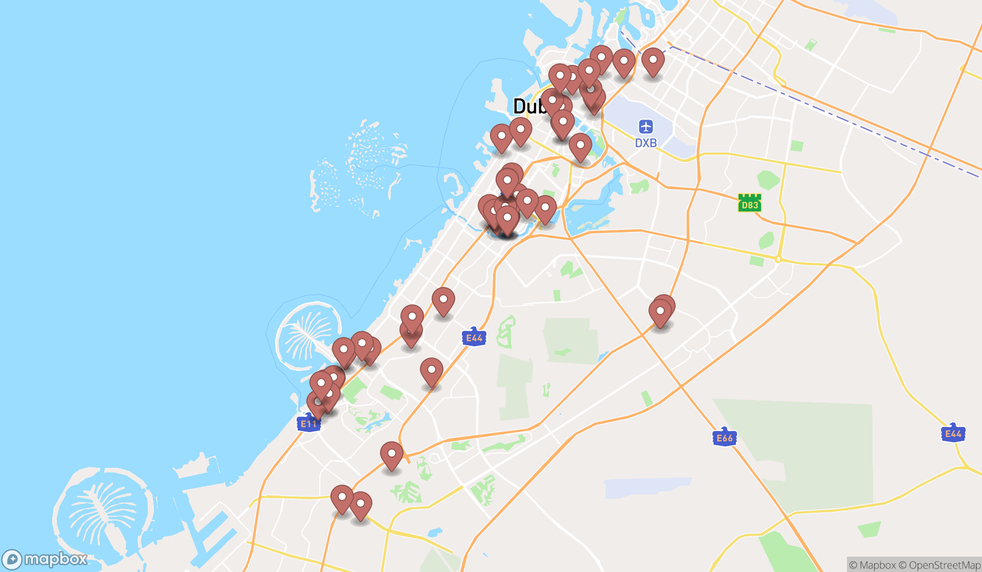 Map showing the search results in Dubai