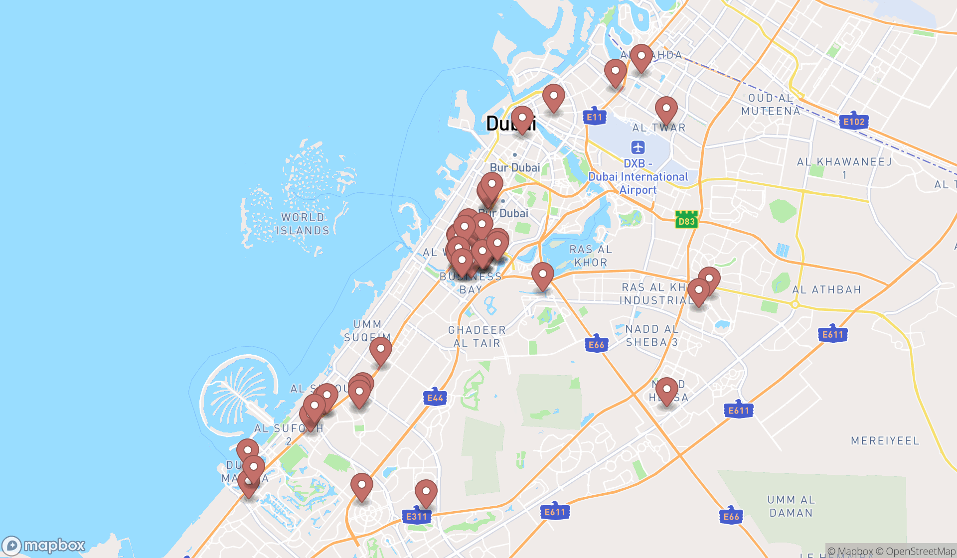 Map showing the search results in Dubai