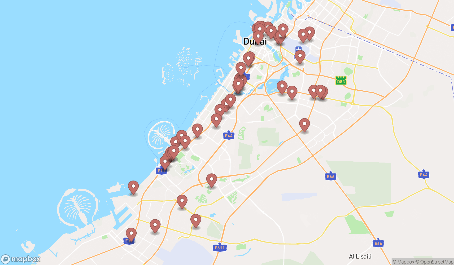 Map showing the search results in Dubai