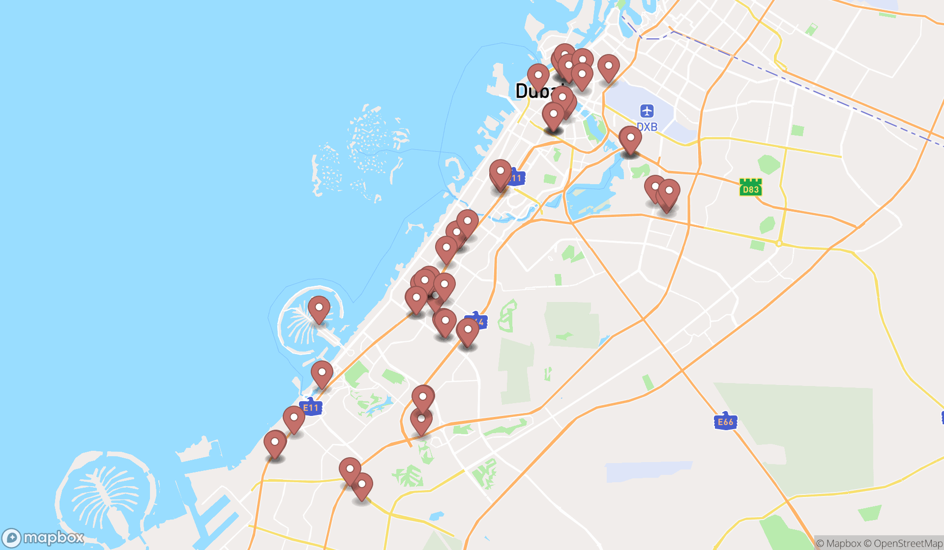 Map showing the search results in Dubai