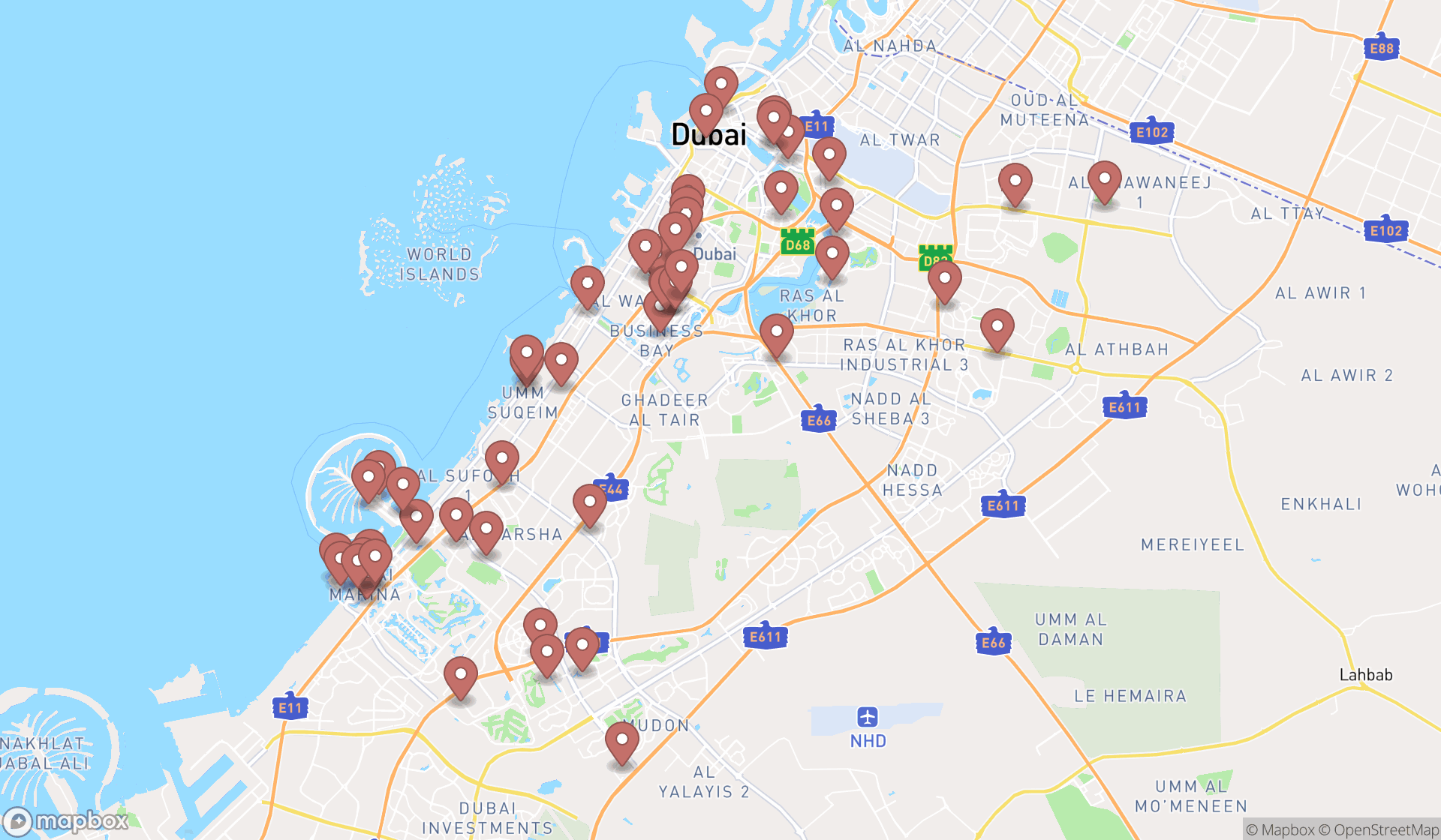 Map showing the search results in Dubai