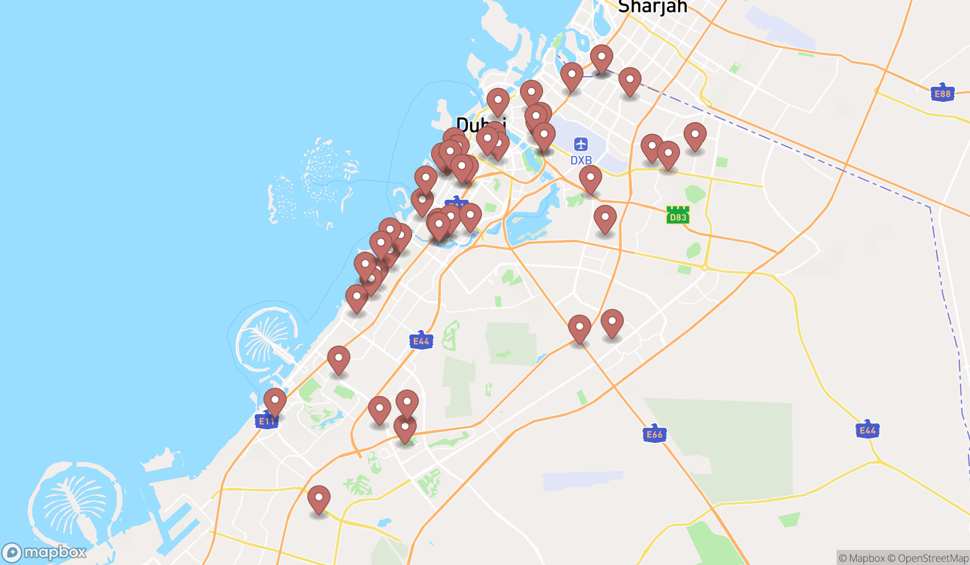 Map showing the search results in Dubai