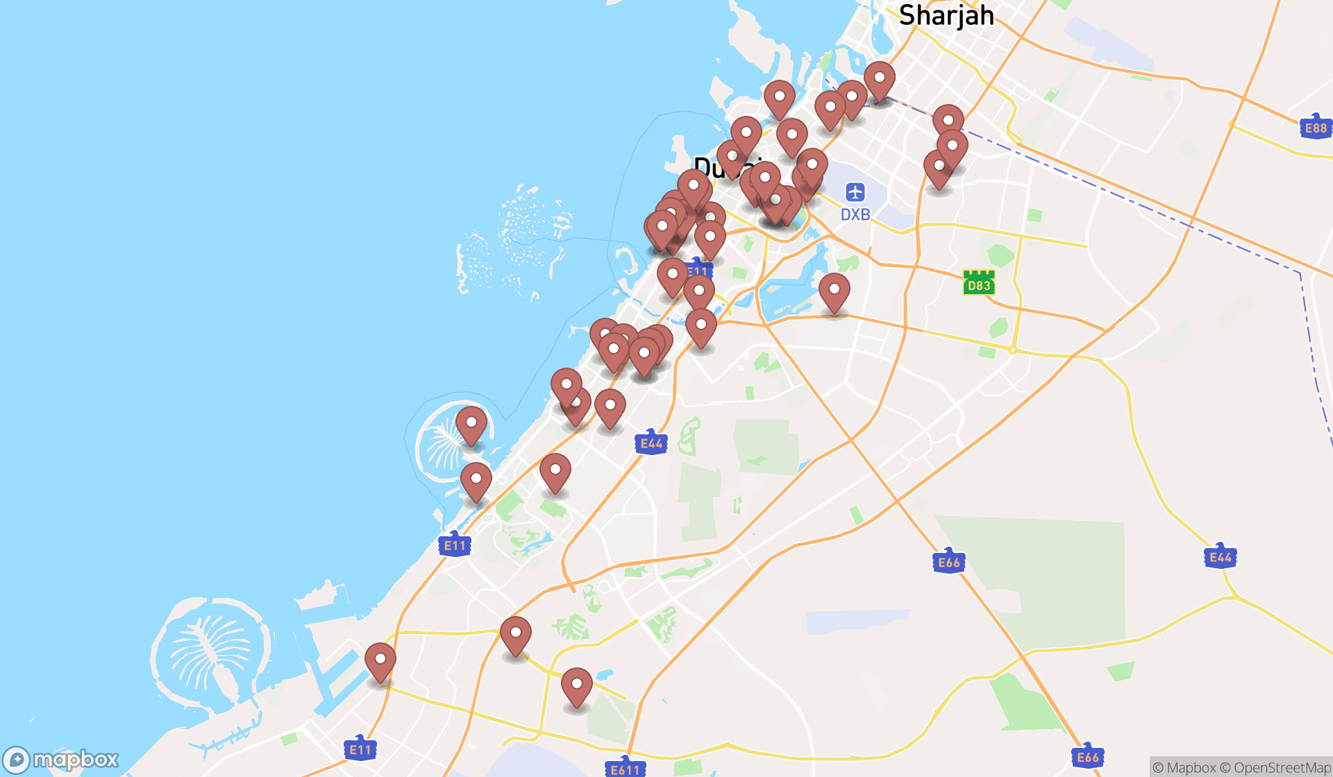 Map showing the search results in Dubai