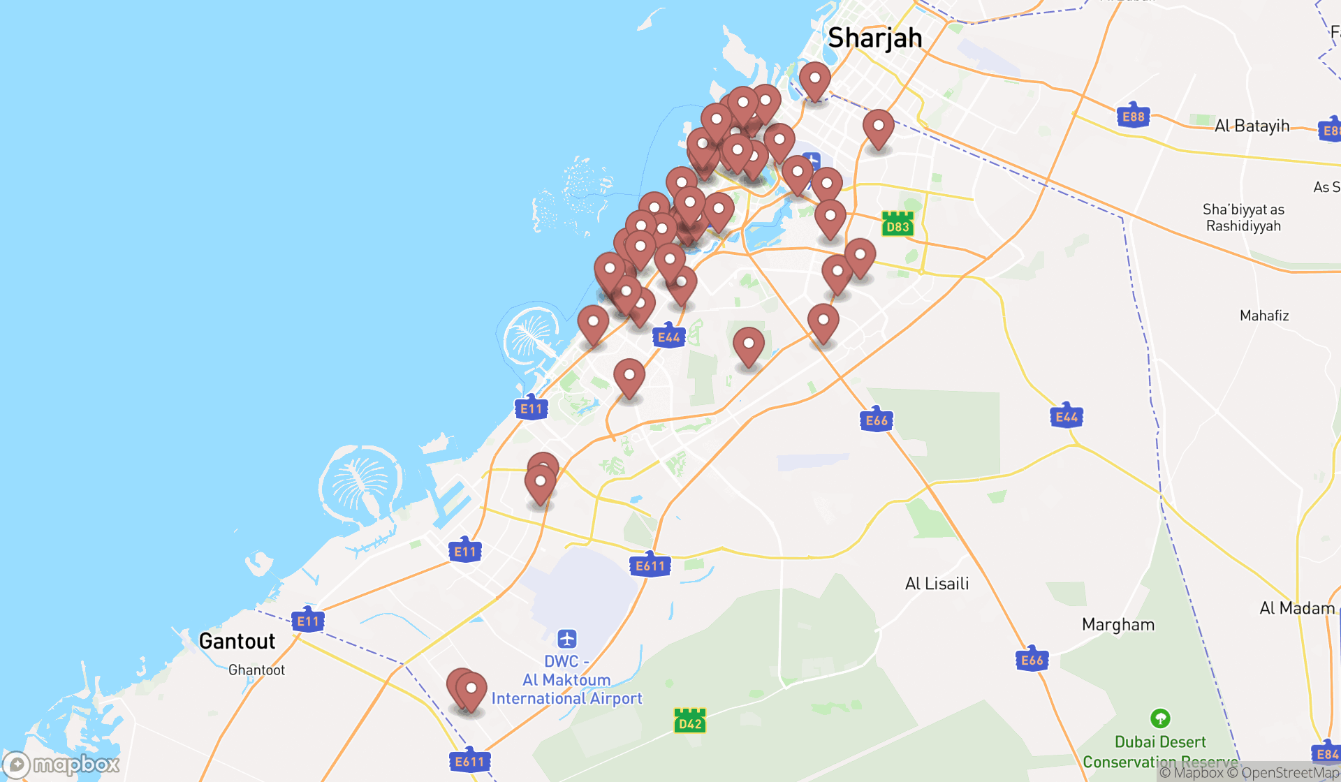 Map showing the search results in Dubai