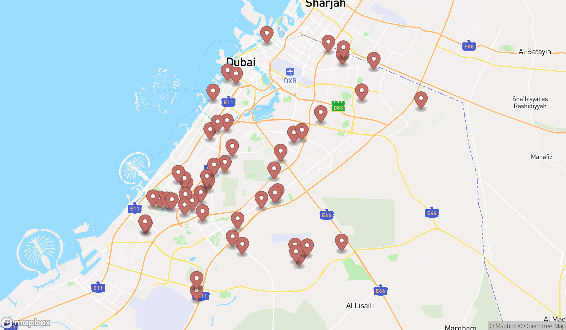 Map showing the search results in Dubai