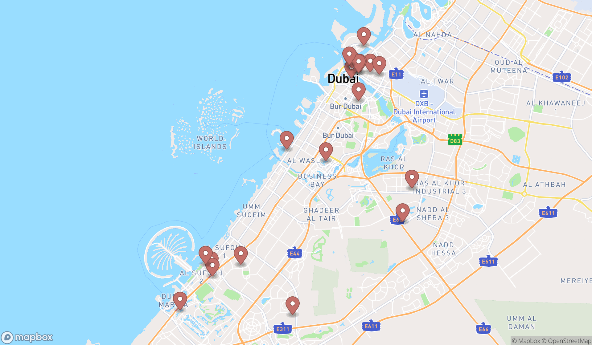 Map showing the search results in Dubai