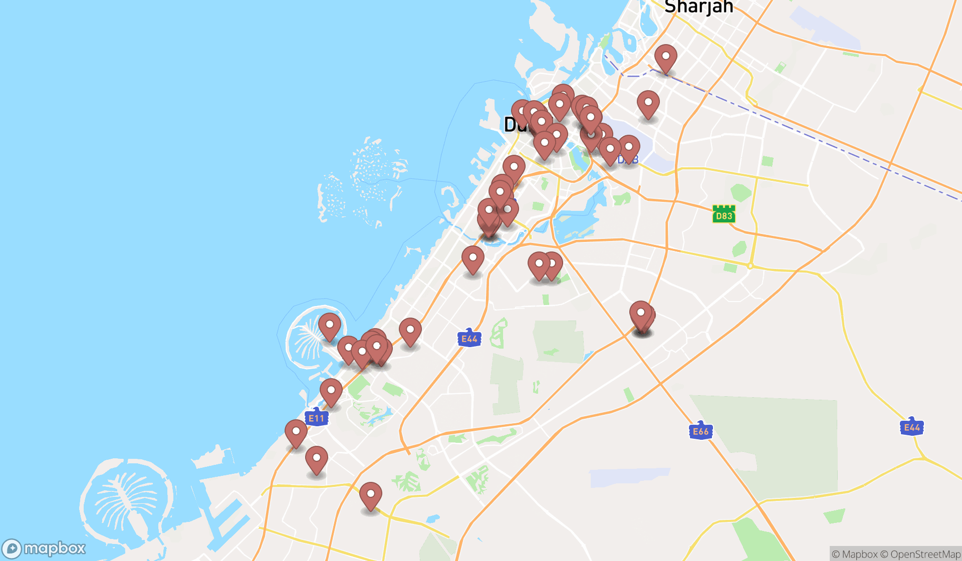 Map showing the search results in Dubai