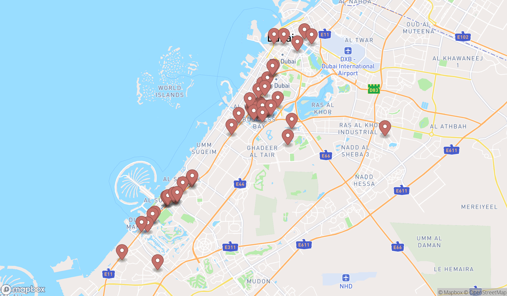 Map showing the search results in Dubai
