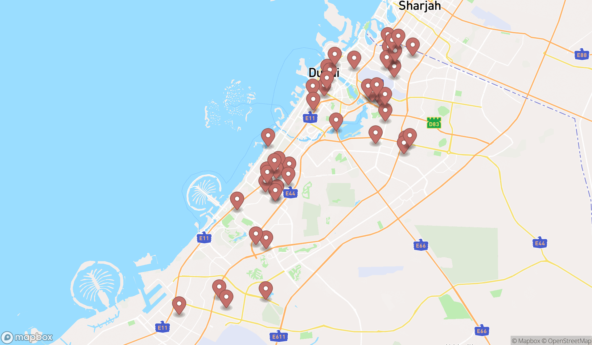 Map showing the search results in Dubai