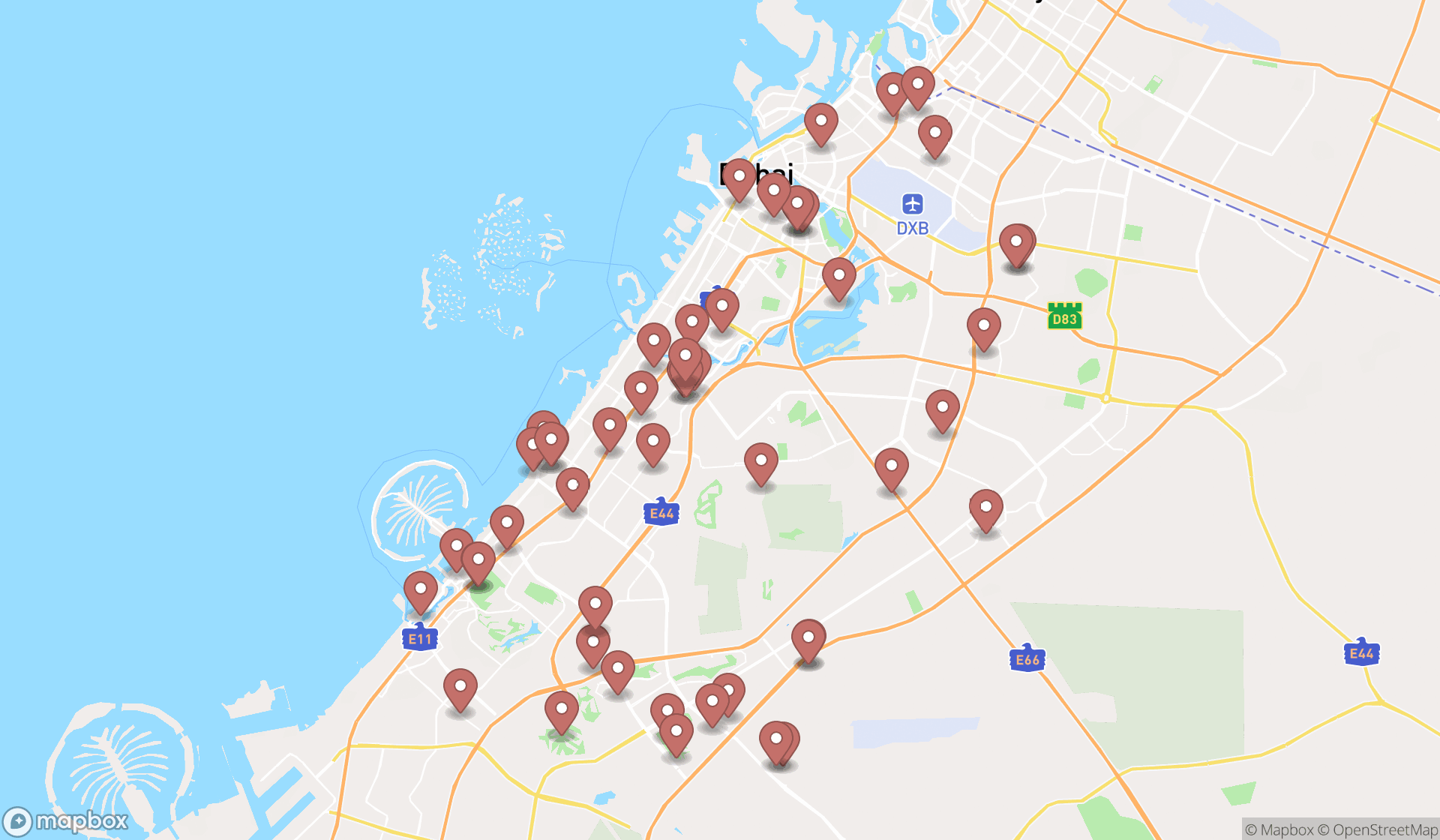 Map showing the search results in Dubai