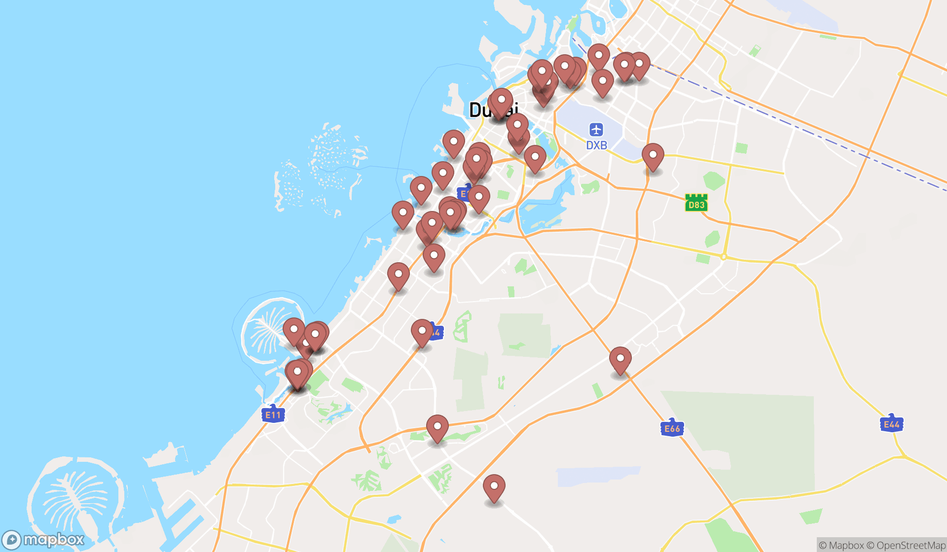 Map showing the search results in Dubai