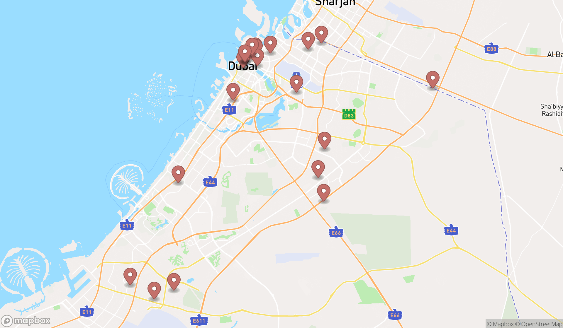 Map showing the search results in Dubai