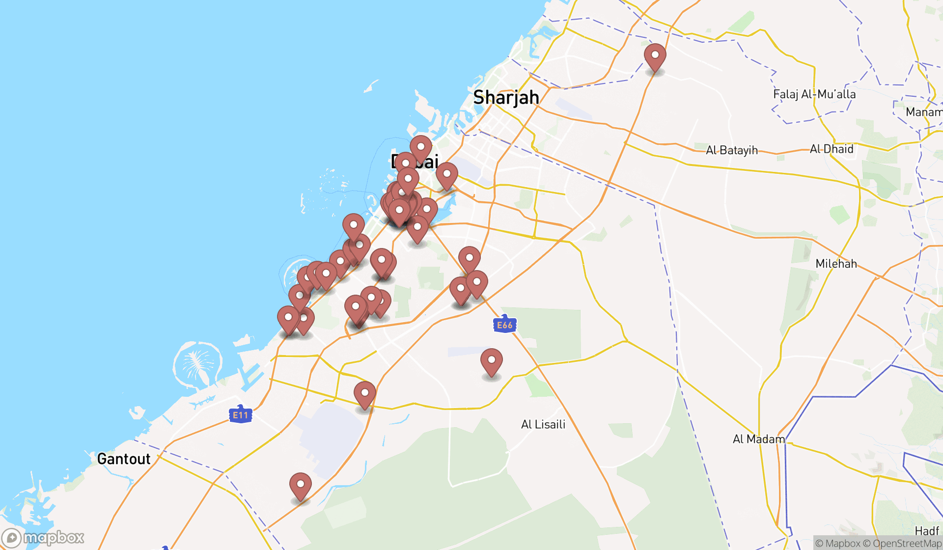 Map showing the search results in Dubai