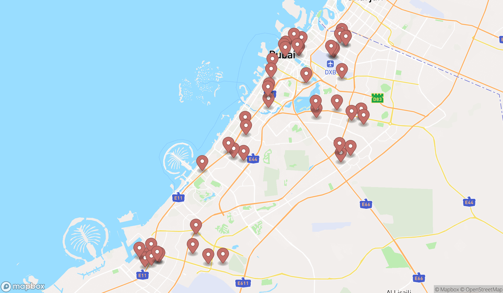 Map showing the search results in Dubai