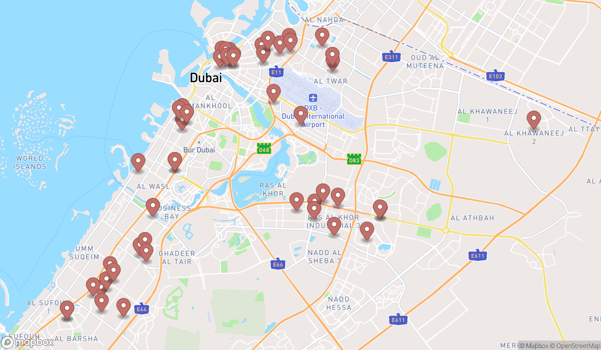 Map showing the search results in Dubai