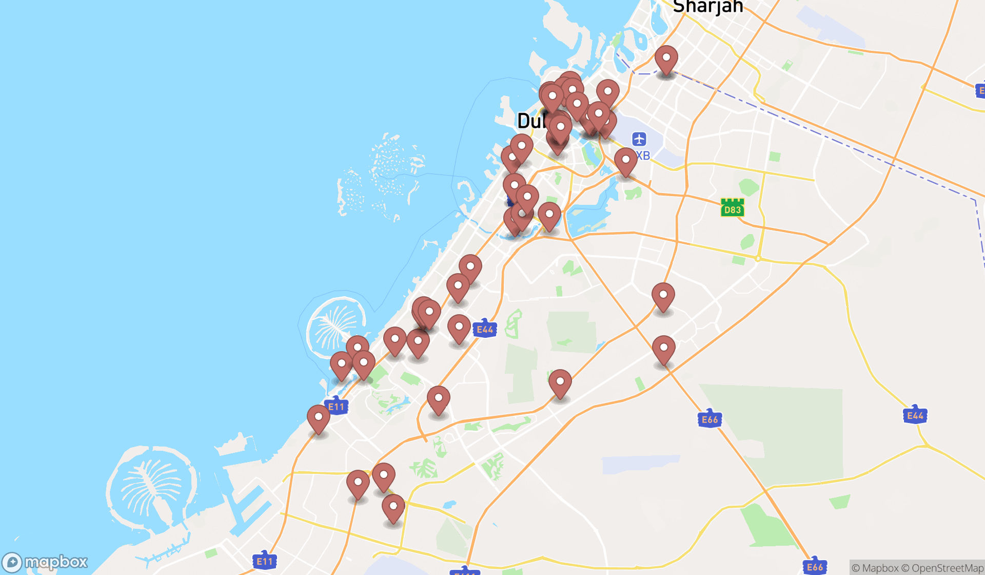 Map showing the search results in Dubai
