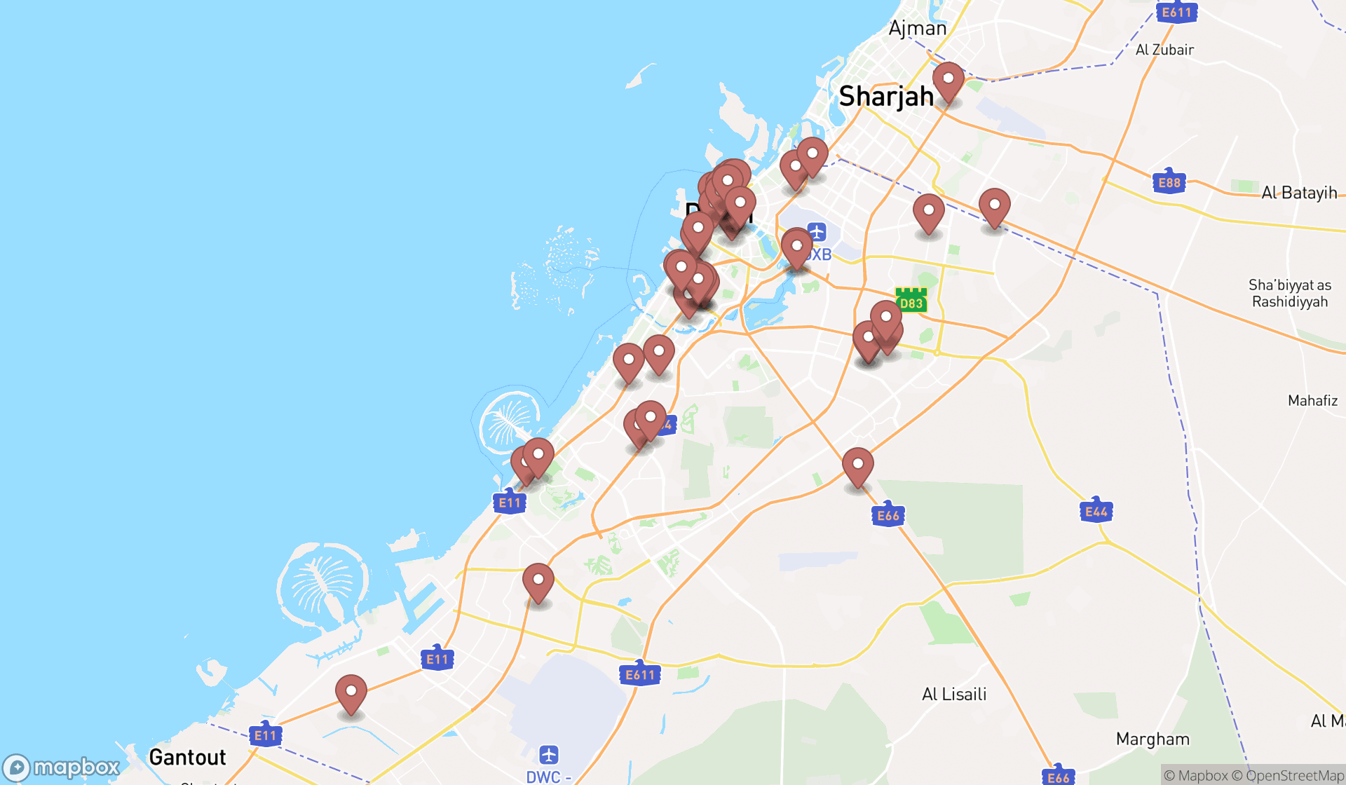 Map showing the search results in Dubai