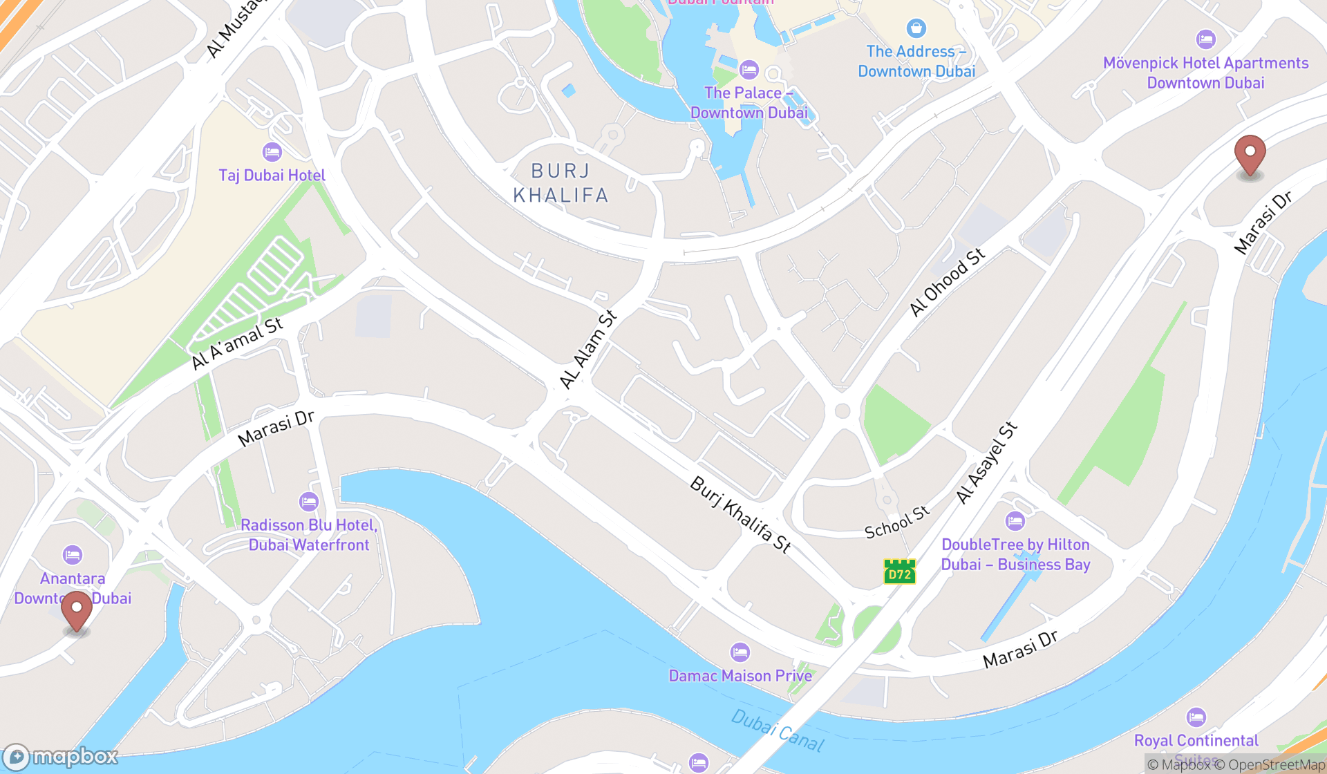 Map showing the search results in Dubai