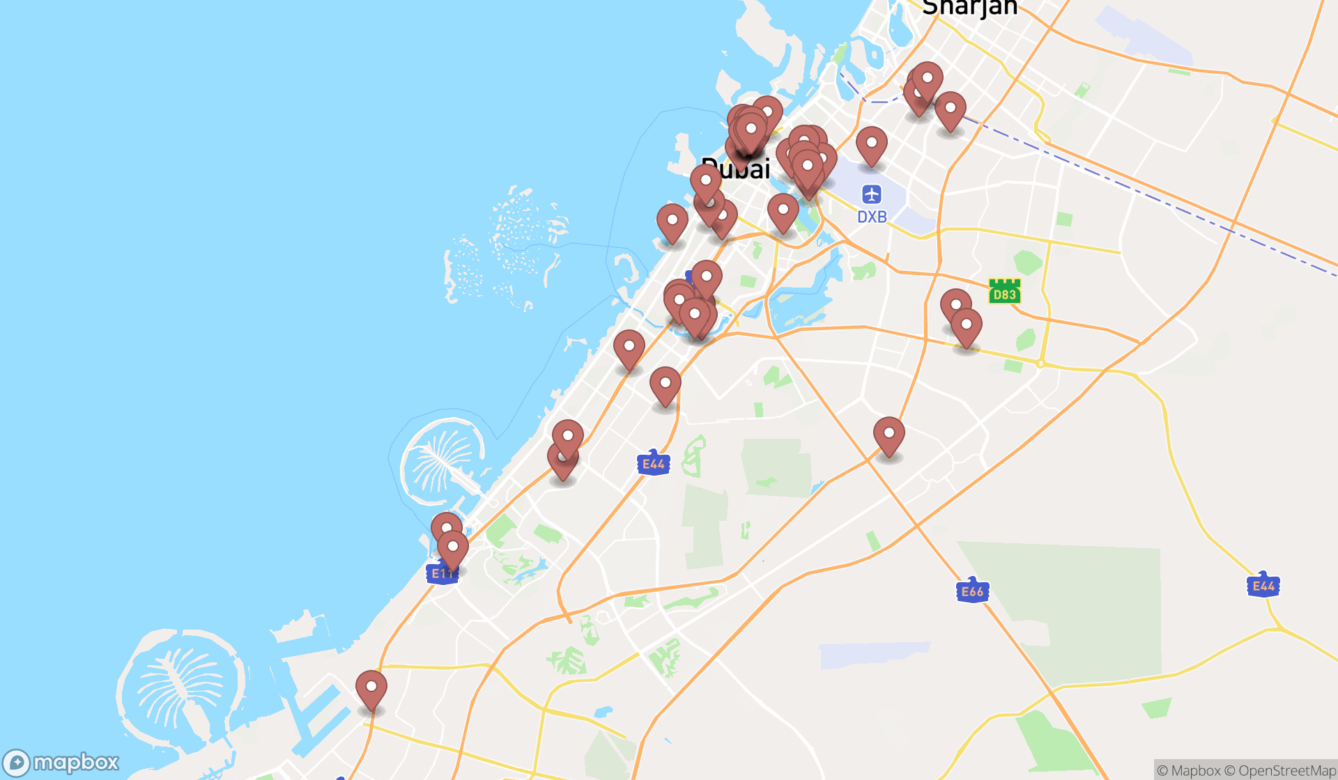 Map showing the search results in Dubai