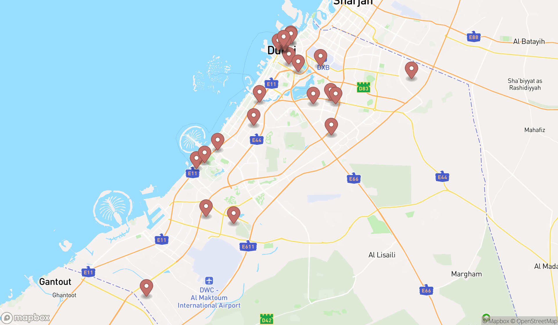 Map showing the search results in Dubai