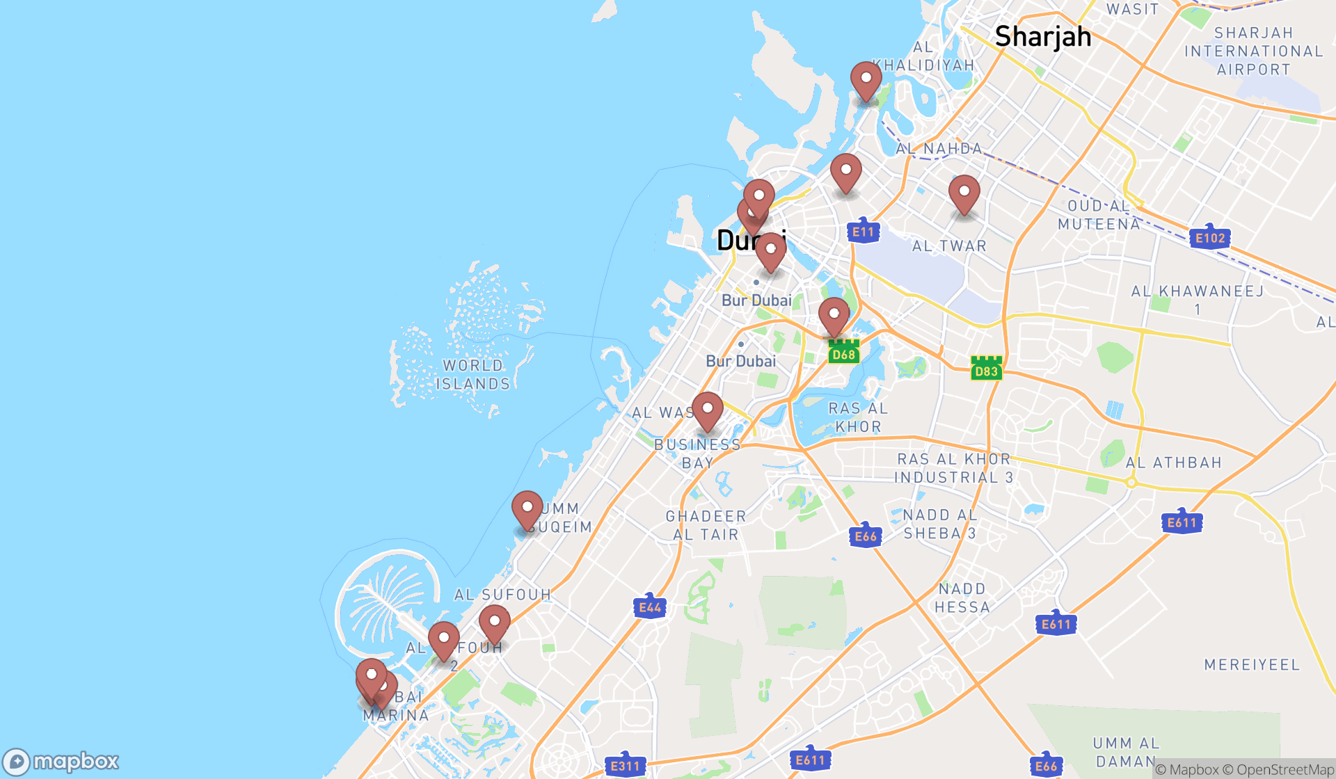 Map showing the search results in Dubai