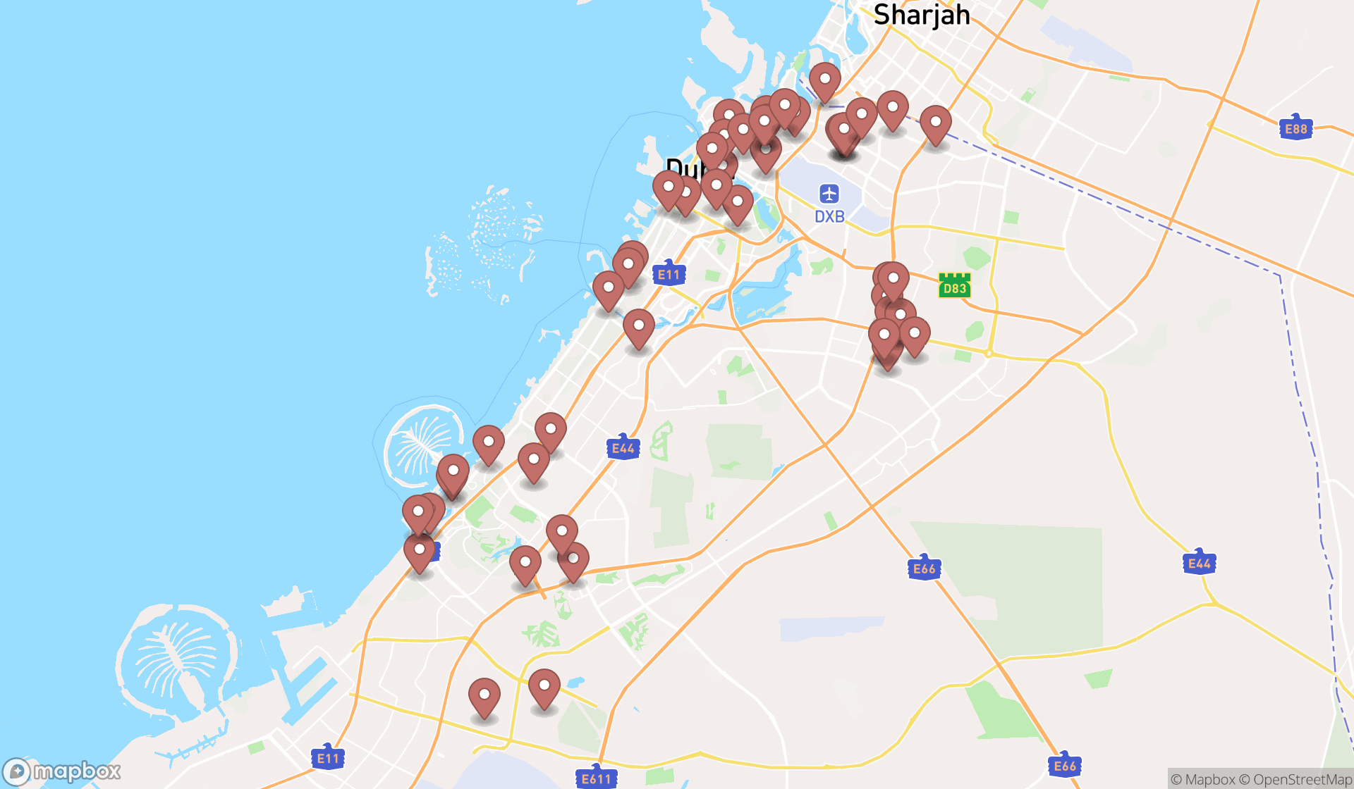 Map showing the search results in Dubai