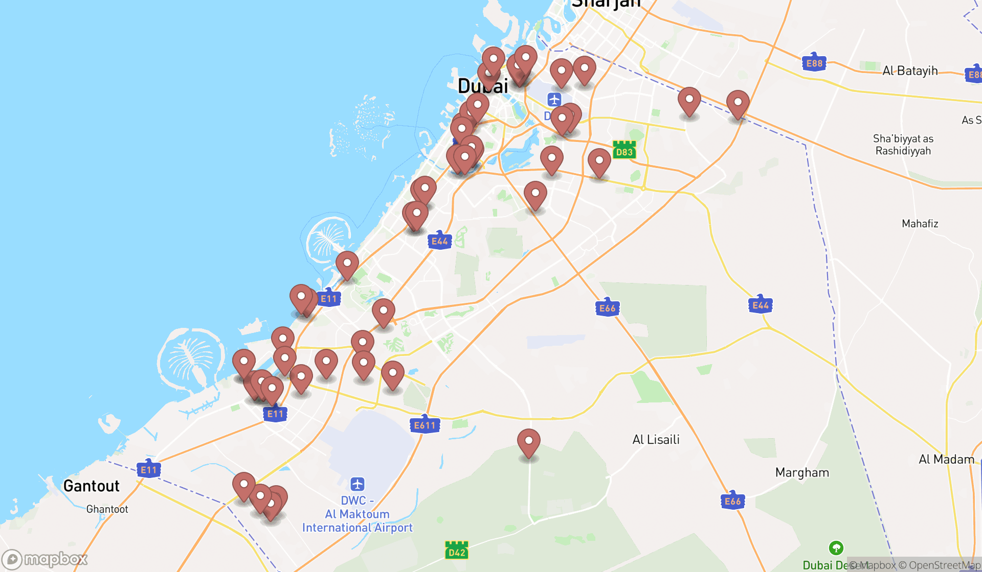 Map showing the search results in Dubai