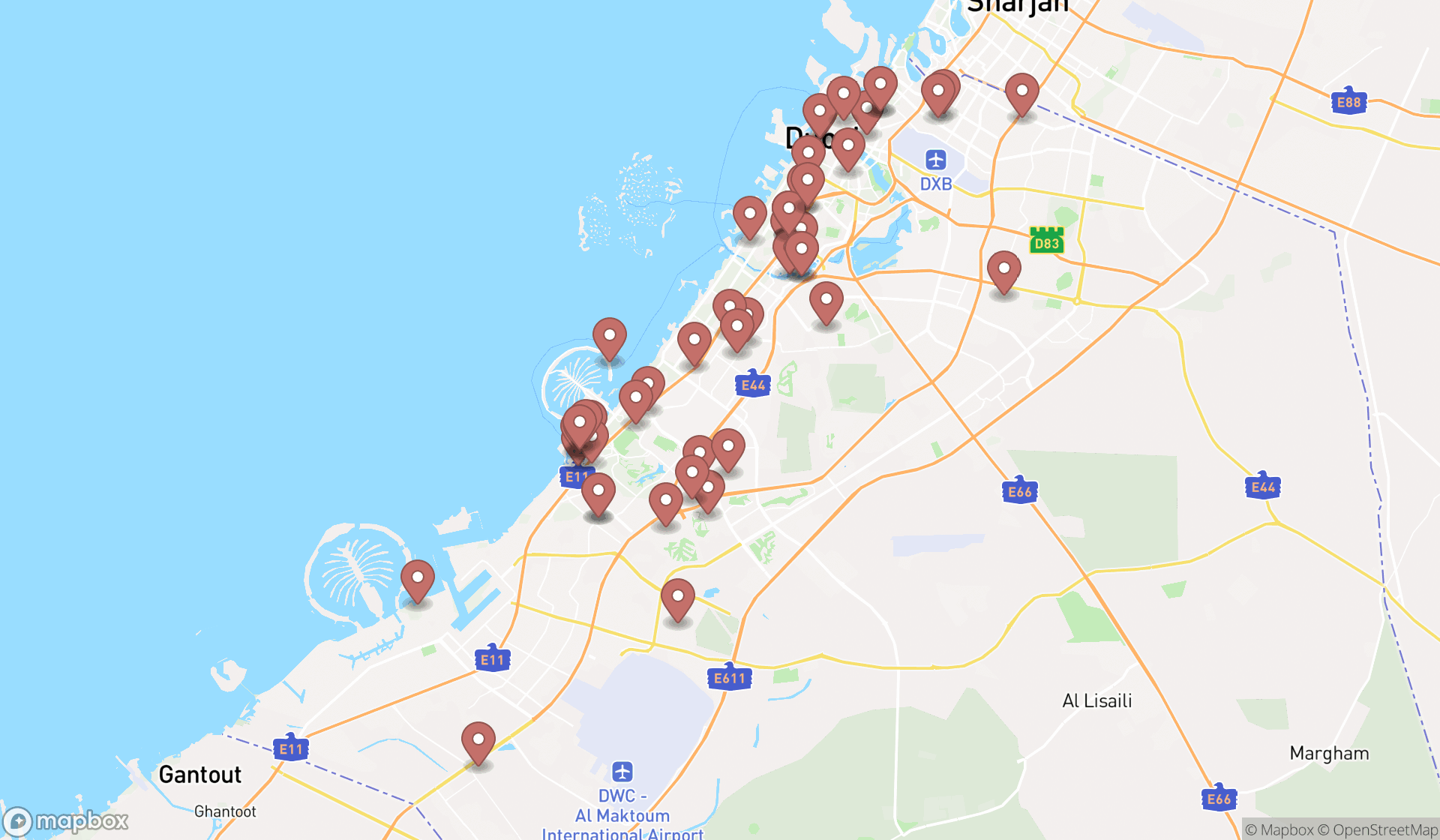 Map showing the search results in Dubai